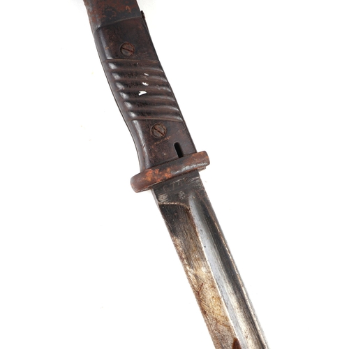 130 - A German K98 bayonet in metal scabbard,  blade and scabbard both numbered 6746 and marked 41asw.