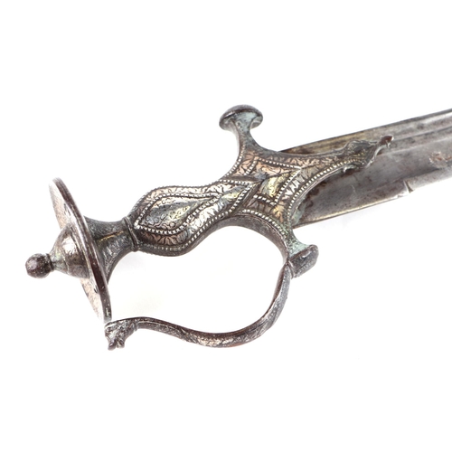 135 - An Indian Tulwar sword with white metal inlaid handle, 87cm long.