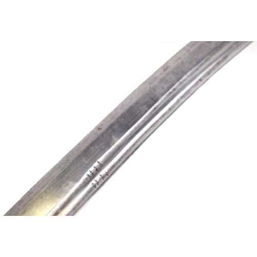 135 - An Indian Tulwar sword with white metal inlaid handle, 87cm long.