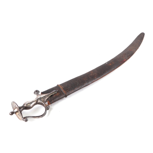 136 - An Indian Tulwar sword and leather scabbard, with white metal inlaid handle, 90cm long.