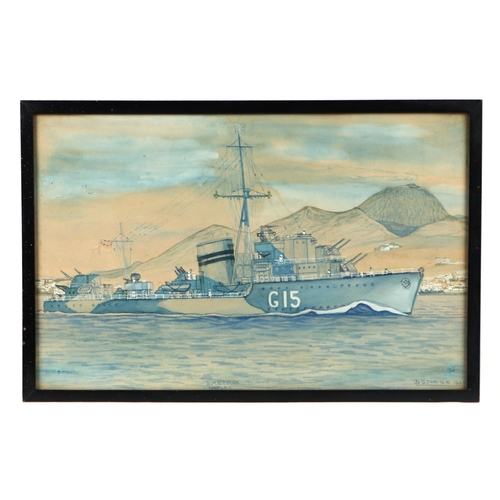 139 - B Starmer - Study of HMS Loyal (G15) - an L Class Destroyer, launched in 1941, watercolour heightene... 