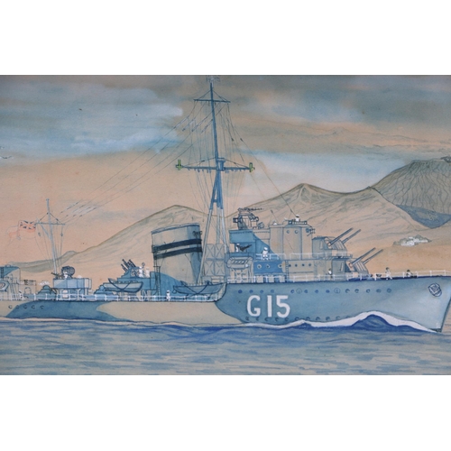 139 - B Starmer - Study of HMS Loyal (G15) - an L Class Destroyer, launched in 1941, watercolour heightene... 