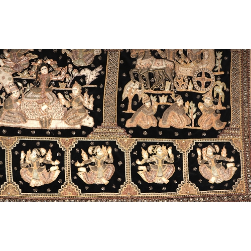 144 - A Burmese Kalaga sequined tapestry depicting figures within panels 173 by 83cm