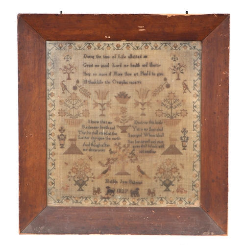 173 - An early 19th Century sampler, Matilda Jane Bateman, 1827, with verse, flowers, birds and animals wi... 