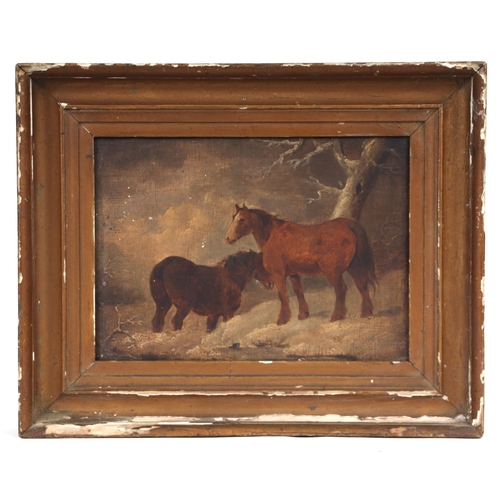 180 - 19th century English school - A Mare and Foal in a Winter Landscape - oil on panel, framed, 22cm by ... 