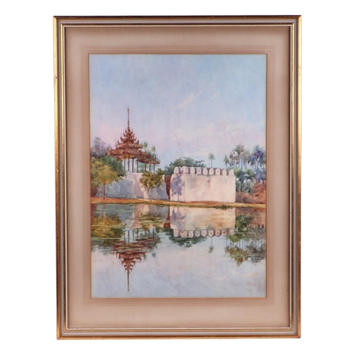 182 - Asian school - Buddhist Temple Reflected in a Lake - watercolour, framed & glazed, 35 by48cms.