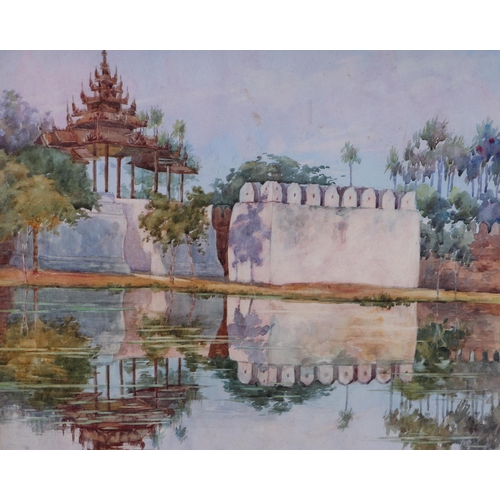 182 - Asian school - Buddhist Temple Reflected in a Lake - watercolour, framed & glazed, 35 by48cms.