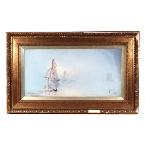 183 - Joshua King - a pair of misty seascapes, signed lower right, oil on board, framed & glazed, 59 by 29... 