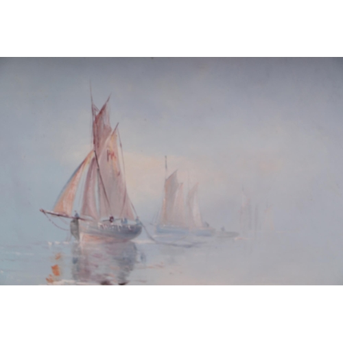 183 - Joshua King - a pair of misty seascapes, signed lower right, oil on board, framed & glazed, 59 by 29... 