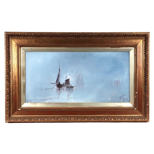 183 - Joshua King - a pair of misty seascapes, signed lower right, oil on board, framed & glazed, 59 by 29... 