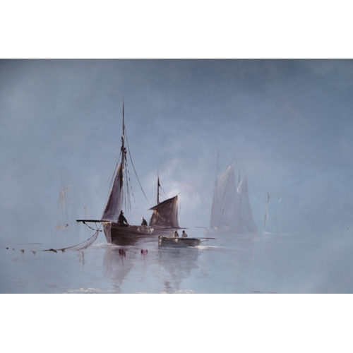 183 - Joshua King - a pair of misty seascapes, signed lower right, oil on board, framed & glazed, 59 by 29... 