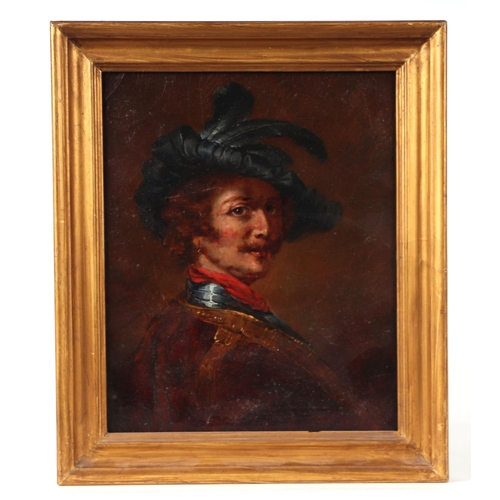 185 - 19th century school - Portrait of a Gentleman Wearing a Feathered Hat - oil on board, framed. 20 by ... 