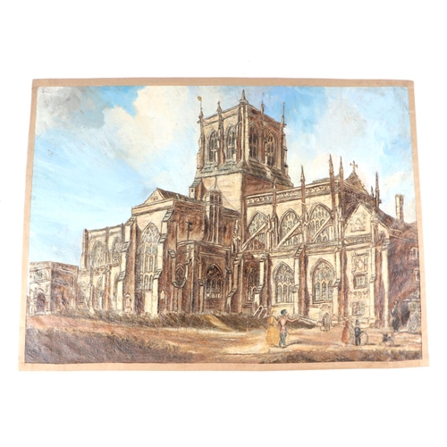 195 - 19th century naive British school - Sherborne Abbey - oil on canvas, 52 by 39cms, unframed.