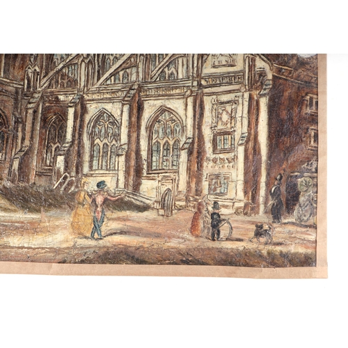 195 - 19th century naive British school - Sherborne Abbey - oil on canvas, 52 by 39cms, unframed.