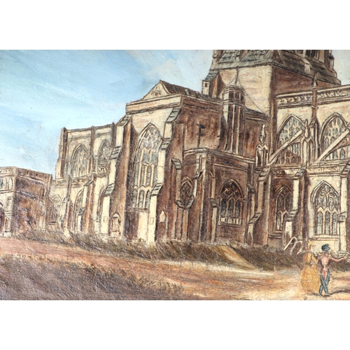 195 - 19th century naive British school - Sherborne Abbey - oil on canvas, 52 by 39cms, unframed.