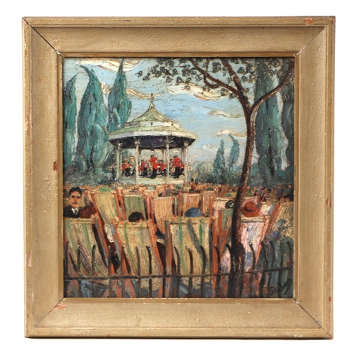 199 - Attributed to David Graham (b1926) - Kensington Gardens Bandstand - signed lower right, palette knif... 