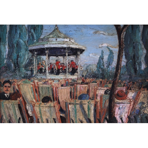 199 - Attributed to David Graham (b1926) - Kensington Gardens Bandstand - signed lower right, palette knif... 