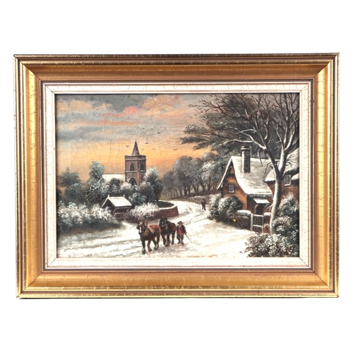 212 - G Smith - Snowy Scene with Horses in the Foreground and a Church in the Background - signed & dated ... 