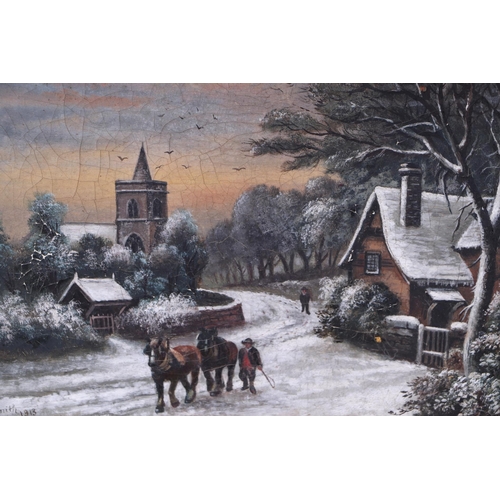 212 - G Smith - Snowy Scene with Horses in the Foreground and a Church in the Background - signed & dated ... 