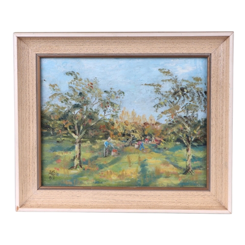 213 - A Cole (modern British) - Apple Pickers in an Orchard - signed & dated '89 lower left, oil on board,... 