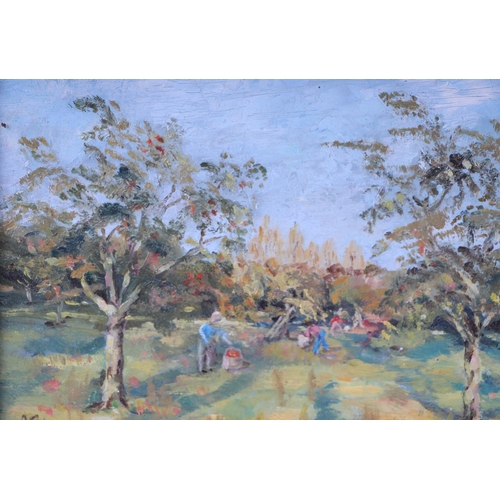 213 - A Cole (modern British) - Apple Pickers in an Orchard - signed & dated '89 lower left, oil on board,... 