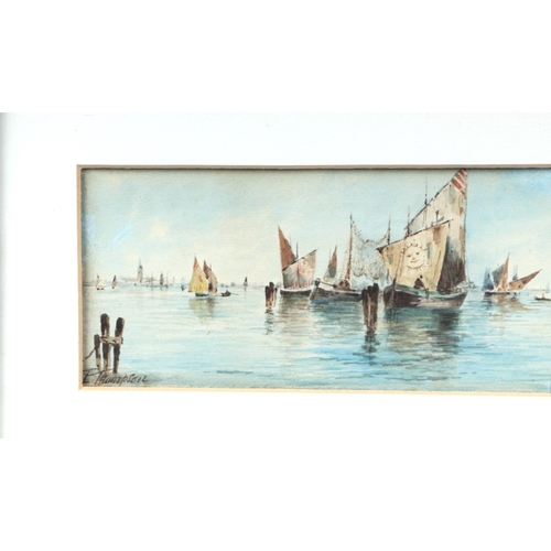 214 - E Thompson - a pair of seascapes with fishing boats in a harbour, both signed lower left, watercolou... 