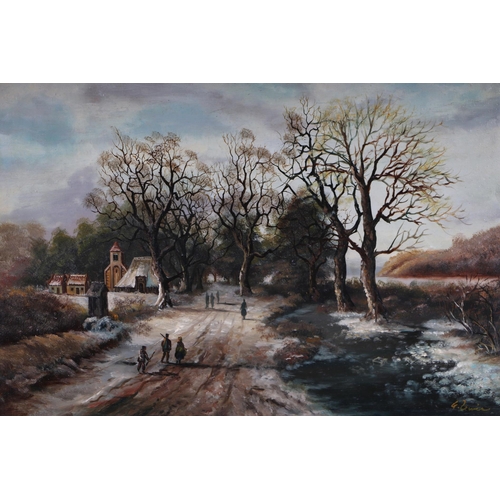 234 - G Lewis (19th century British school) - Winter Landscape Scene with Figures on a Lane - oil on panel... 