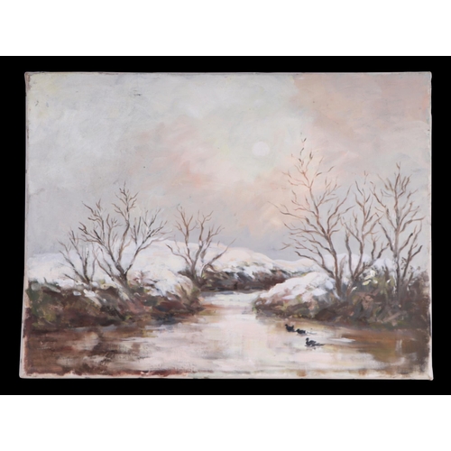 235 - De Brett (modern British) - Winter River Scene - oil on canvas, 61cm by 46cm.