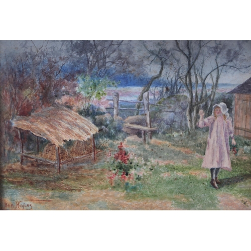 241 - Ben Hoyles (exhb. 1890-1906) - Young Girl on a Farm Path - watercolour, signed lower left, framed & ... 