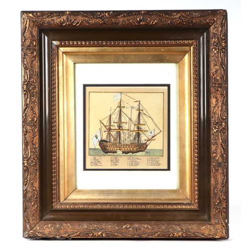 243 - A hand coloured engraving depicting a late 18th / early 19th century war ship, framed & glazed, 19 b... 