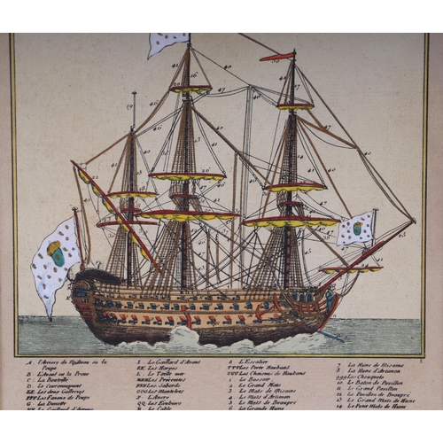 243 - A hand coloured engraving depicting a late 18th / early 19th century war ship, framed & glazed, 19 b... 