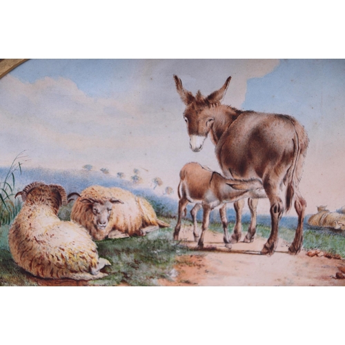 246 - In the manner of Thomas Sidney Cooper, an oval watercolour landscape painting depicting sheep, donke... 