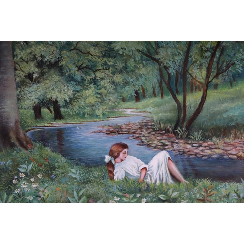 250 - Late 19th / early 20th century English School - River Scene with a Young lady in a White Smock Relax... 