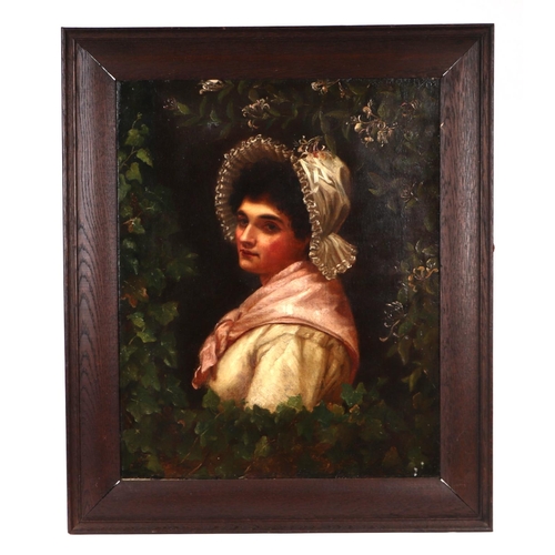 253 - Victorian School - a head and shoulder portrait of a young lady wearing a white bonnet and pink shaw... 