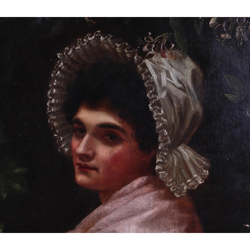 253 - Victorian School - a head and shoulder portrait of a young lady wearing a white bonnet and pink shaw... 