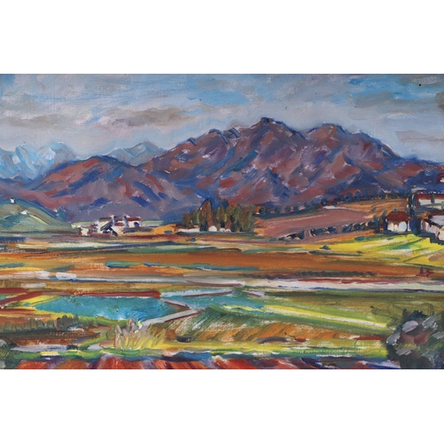 260 - Tristram Rainey (b1910) - Spanish Landscape Scene with Farm Buildings and Mountain Range in the Back... 