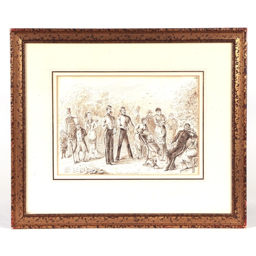 266 - 19th century British school - A Promenade Parkland Scene - entitled 'I Dote on the Military', sepia ... 