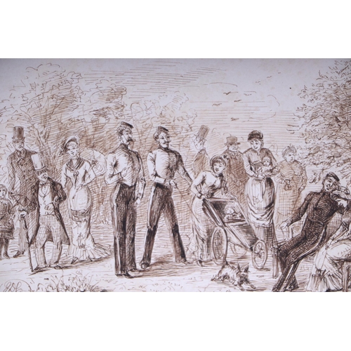 266 - 19th century British school - A Promenade Parkland Scene - entitled 'I Dote on the Military', sepia ... 