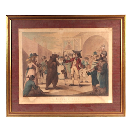 279 - A 19th century coloured print depicting a dancing bear, framed & glazed, 51 by 41cms.