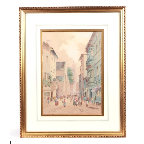 297 - G Lewis (continental School) - Continental Street Scene with Figures Walking - watercolour heightene... 