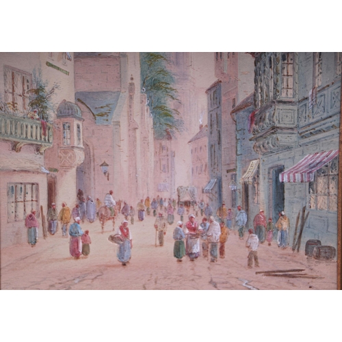 297 - G Lewis (continental School) - Continental Street Scene with Figures Walking - watercolour heightene... 