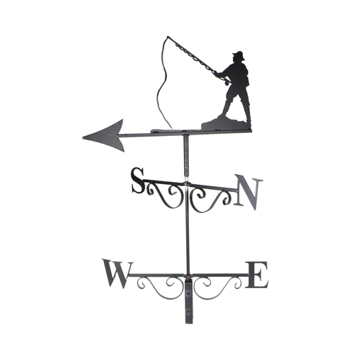 30 - A modern black painted metal weather vane, depicting a fly fisherman.