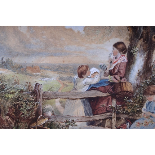 301 - In the manner of Myles Birket Foster - Flower Picking - possibly an over-painted print, framed and g... 