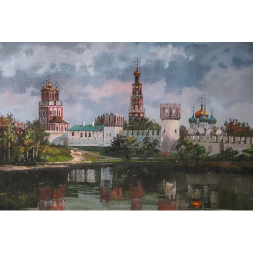 308 - 20th century Russian School - Novodevichy Convent, Moscow - oil on board, indistinctly signed lower ... 