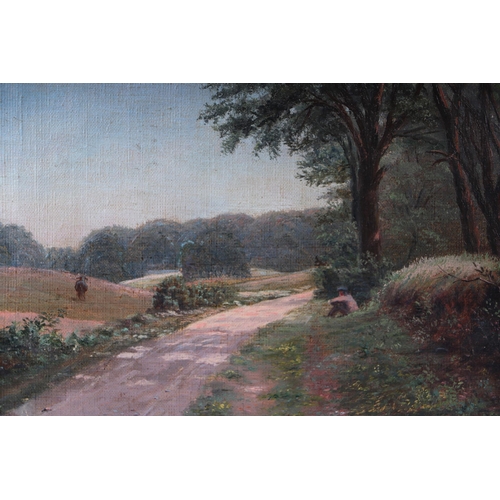 326 - Early 20th century English School, - Rural Landscape Scene with a Figure Seated Next to a Country La... 