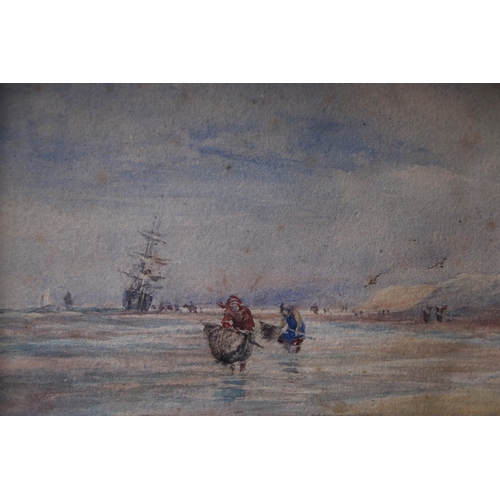 327 - 19th century English school - Two shrimp Catchers with Sailing Ships in the Distance - watercolour, ... 