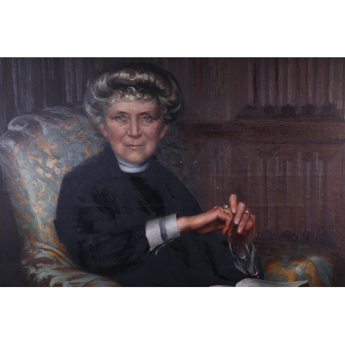 335 - 20th century British school - Head & Shoulder Portrait of a Clergywoman Seated in a Panelled Room - ... 