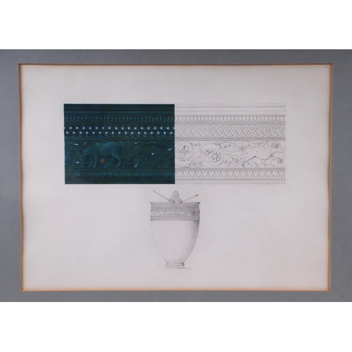 336 - A coloured pencil sketch architrave design, watercolour and pencil, glazed and in a maple frame, 38c... 