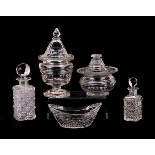 343 - A pair of  Georgian cut glass mallet form decanters (incorrect stoppers), 30cm high, a Georgian wate... 