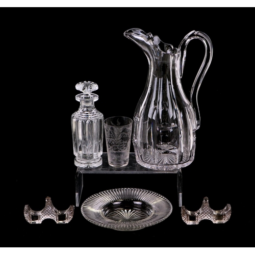 343 - A pair of  Georgian cut glass mallet form decanters (incorrect stoppers), 30cm high, a Georgian wate... 